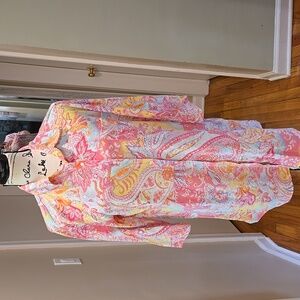 LRL ▪︎ Colorful Pajamas, Pink Paisley Button-Up Shirt Dress, Size L